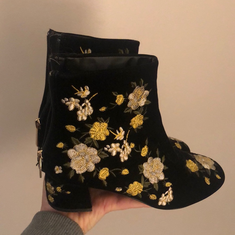 Topshop embroidered block heel velvet bootie